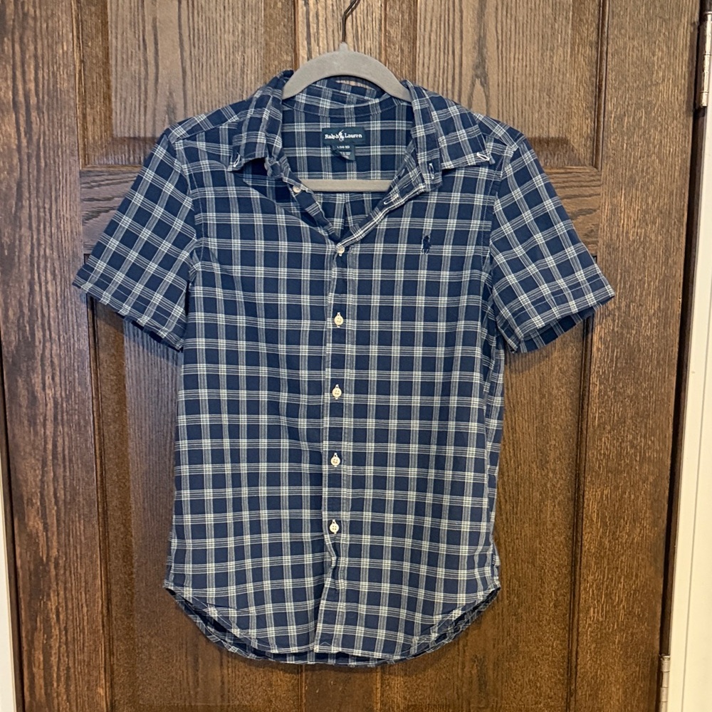 Ralph Lauren Kids L (Size 14-16)  Navy White Plaid Short Sleeve Button Down
